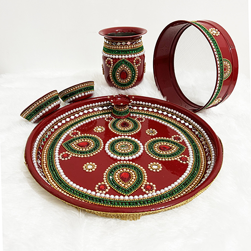 Decorated Puja Thali with kundan stones and velvet