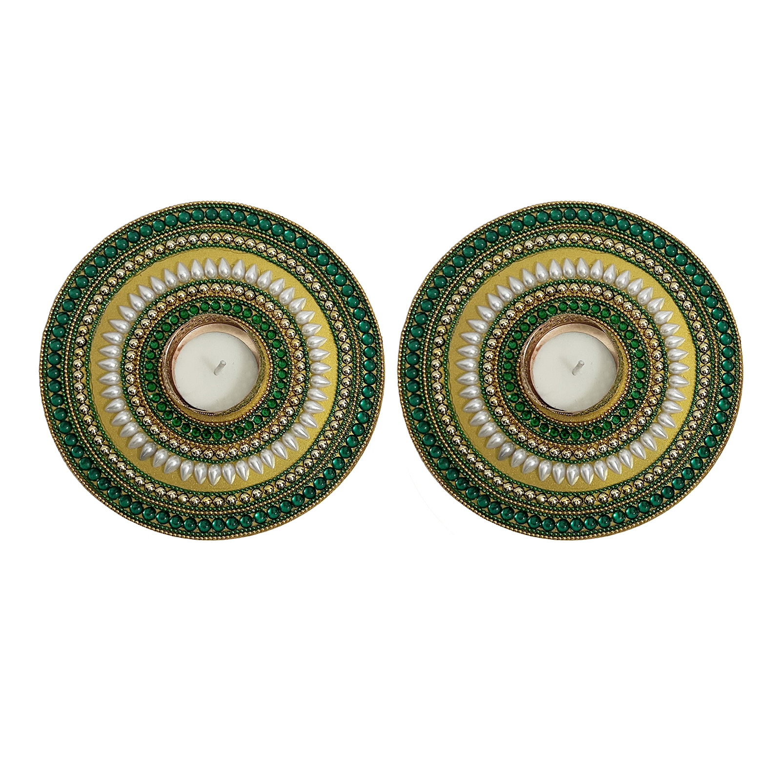 Decorated Haldi Ceremony platters Thali with Stone Beads Chain Decoration