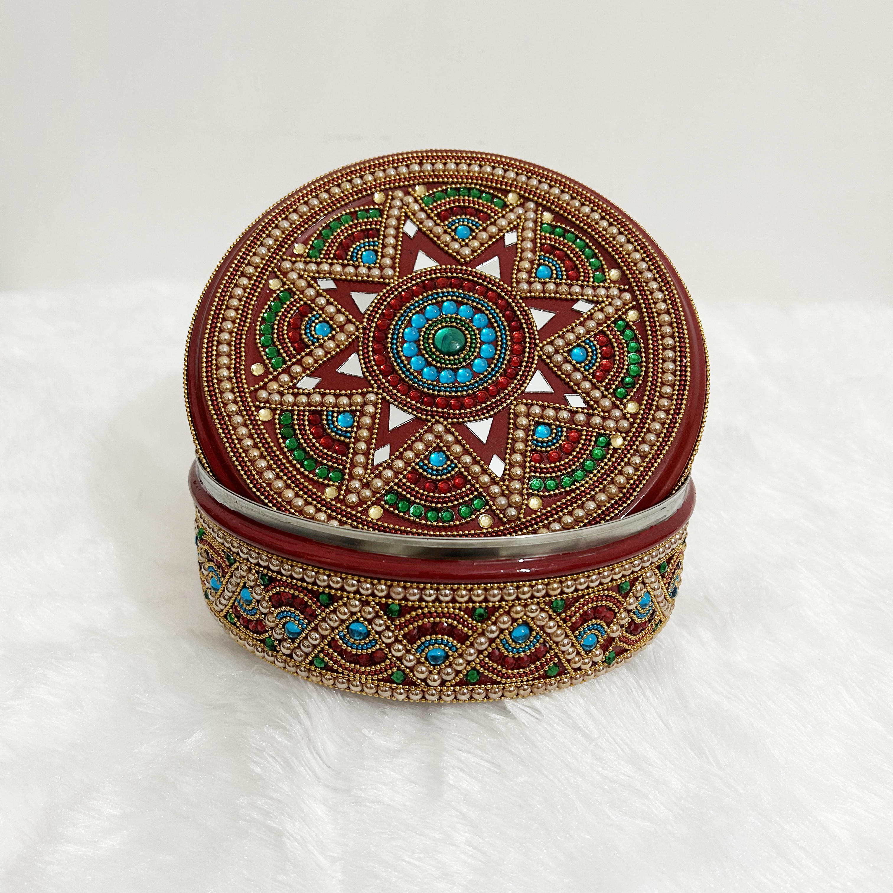 Decorated Haldi Ceremony platters Thali with Stone Beads Chain Decoration