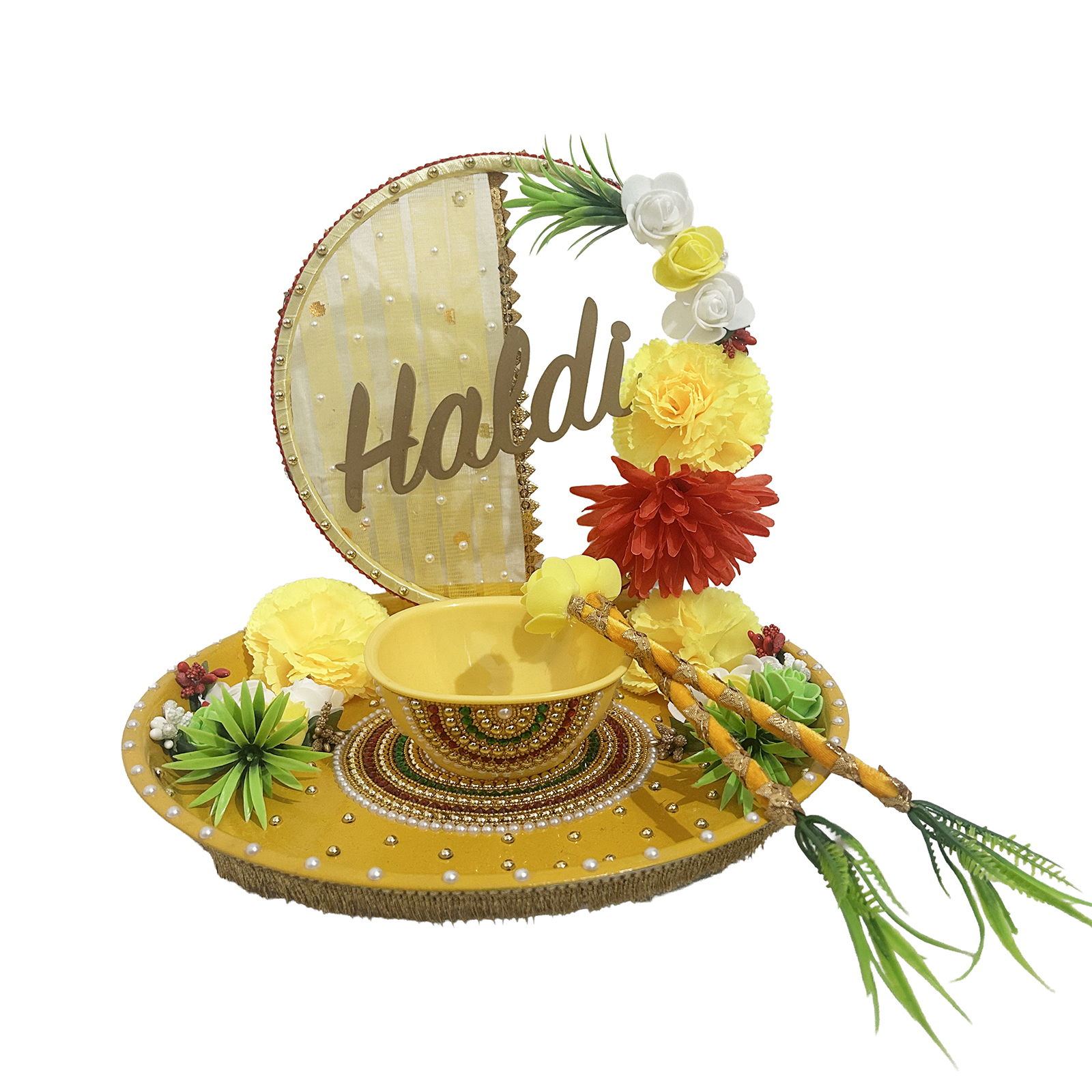Decorated Haldi Ceremony platters Thali with Stone Beads Chain Decoration