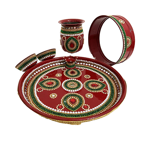 Decorated Karwa Chauth Puja Thali with Stone Beads Chain Decoration