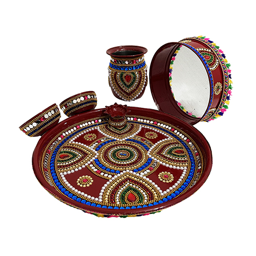 Decorated Karwa Chauth Puja Thali with Stone Beads Chain Decoration