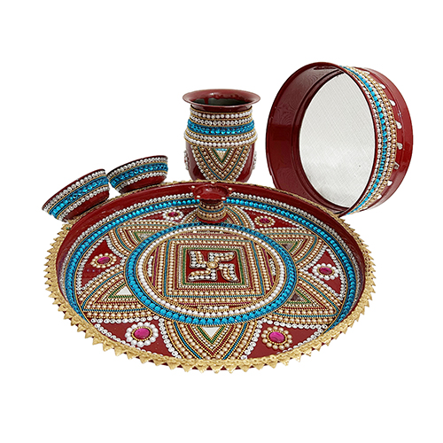 Decorated Karwa Chauth Puja Thali with Stone Beads Chain Decoration