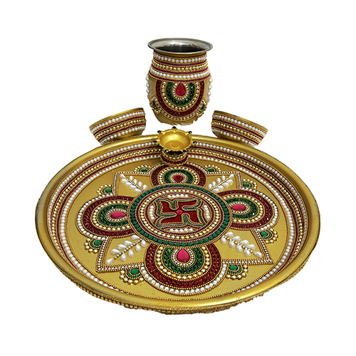 Premium Ritual Puja Thali with Bead, Stone Border decorated